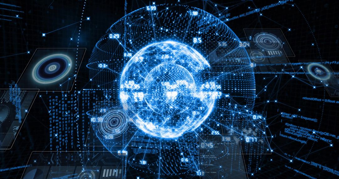 Futuristic Digital Globe with Network Interface and Data Overlays