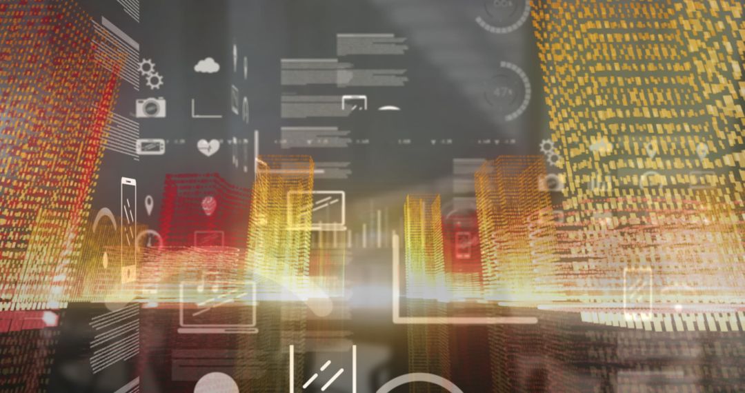 Futuristic Cityscape with Digital Icons and Data Streams