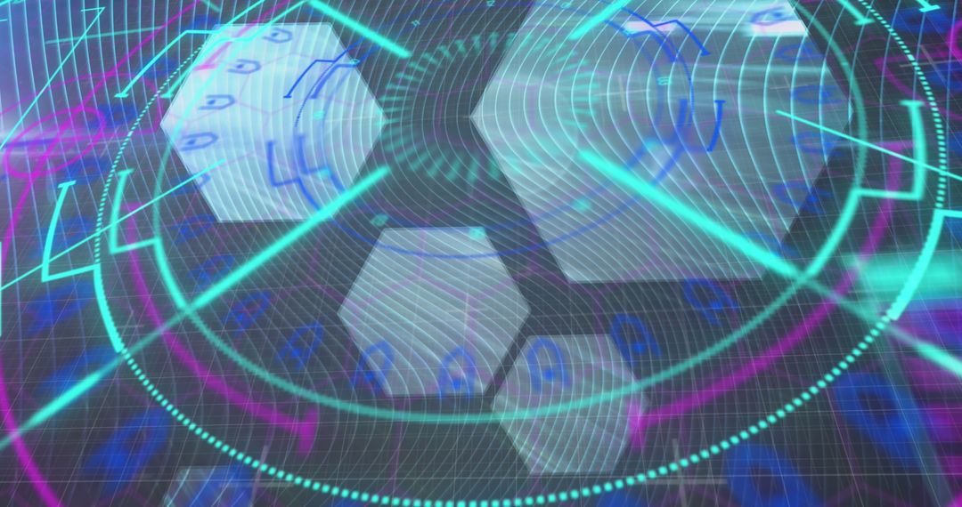 Futuristic Digital Interface with Hexagons and Data Graphics