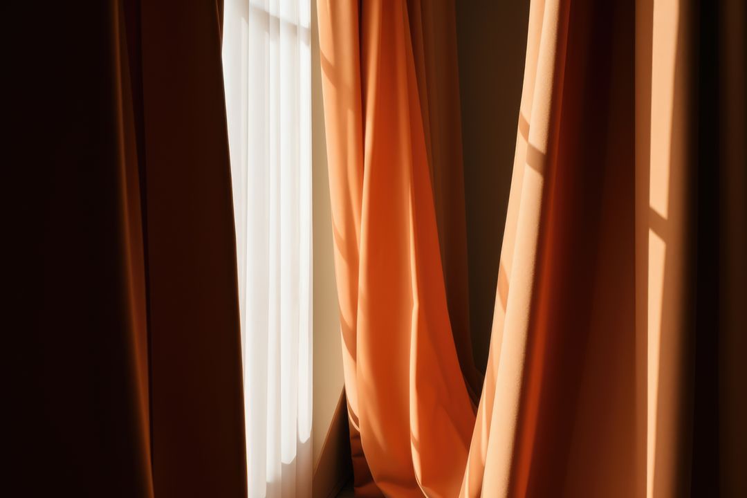 Orange curtains hanging in room with window, created using generative ai technology - Free Images, Stock Photos and Pictures on Pikwizard.com