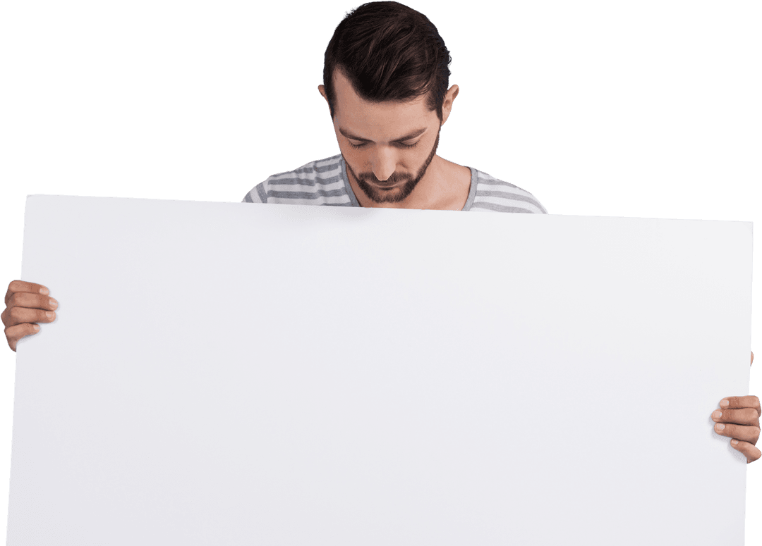 Man Holding Blank Sign with Copy Space on Transparent Background