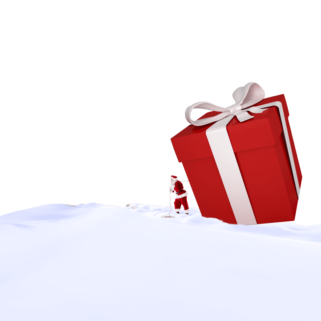 Santa Delivering Oversized Gift Wrapped with White Bow on Snow