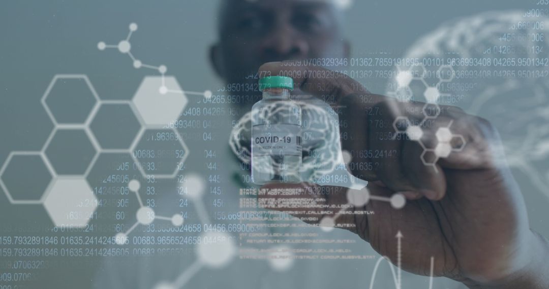 Scientist Analyzing COVID-19 Vaccine with Futuristic Medical Data Overlay