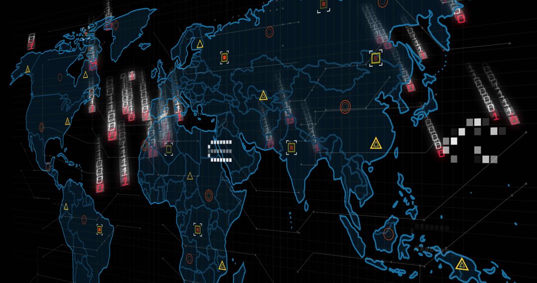 Digital world map with binary code and global data processing concepts