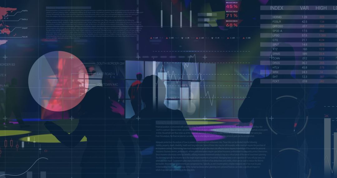 Silhouetted Figures in Front of Dynamic Financial Data Display