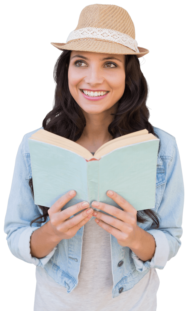 Smiling Caucasian Woman Reading a Book on Transparent Background