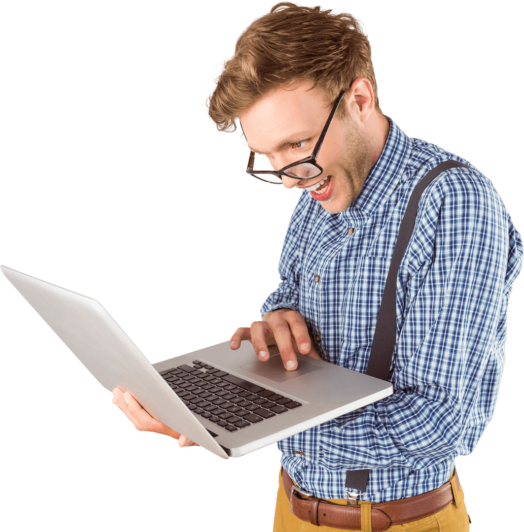 Transparent Geeky Businessman Using Laptop with Enthusiasm