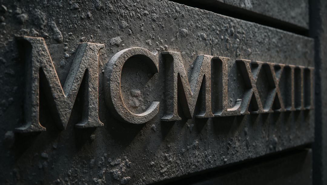 Weathered Roman Numerals MCMLXXIII on Patinated Metal Panel Casting Dramatic Shadows