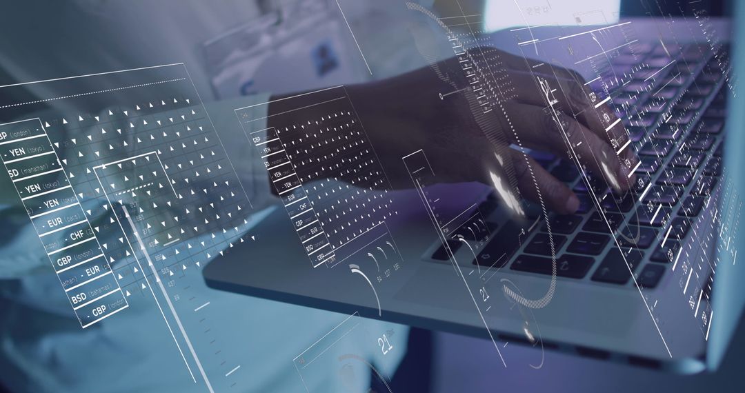 Businessman Using Laptop with Digital Overlay for Data Analysis