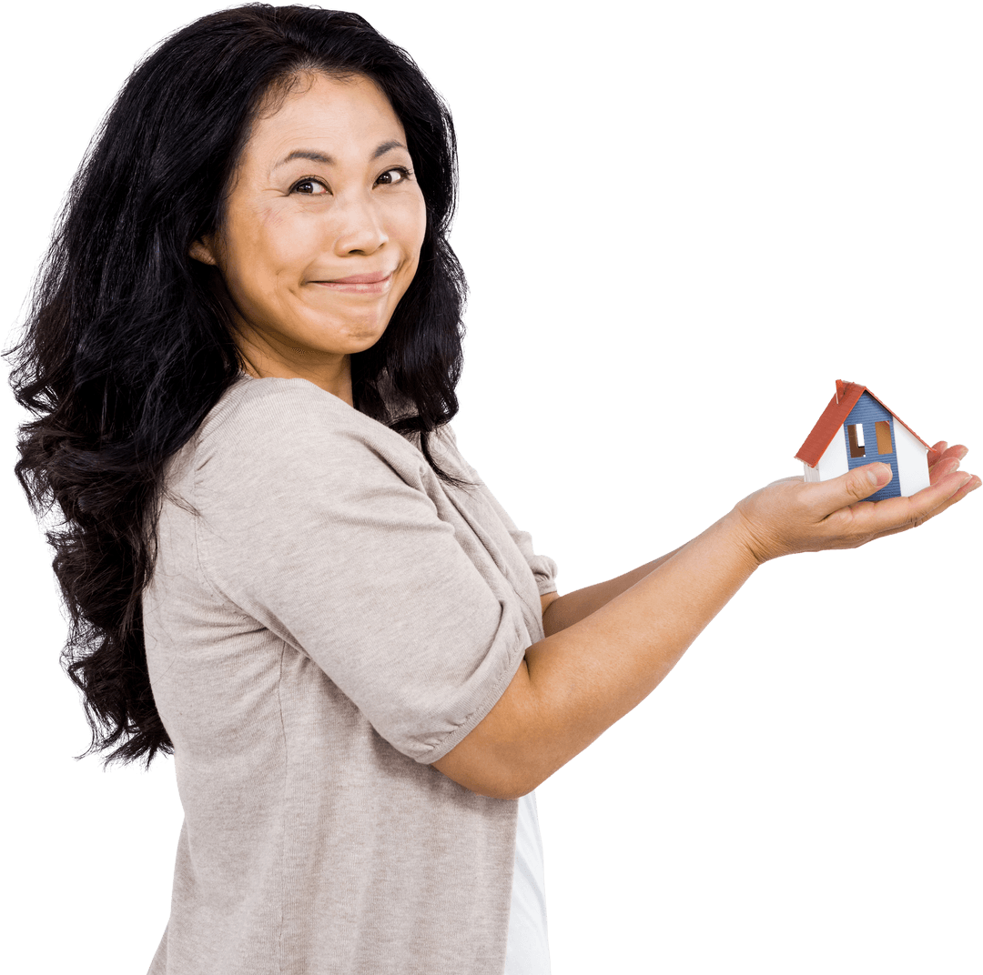 Smiling Woman Holding Small Transparent House Model