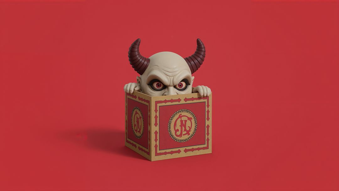 Devil Peeking from Ornate Red-Gold Box on Red Background