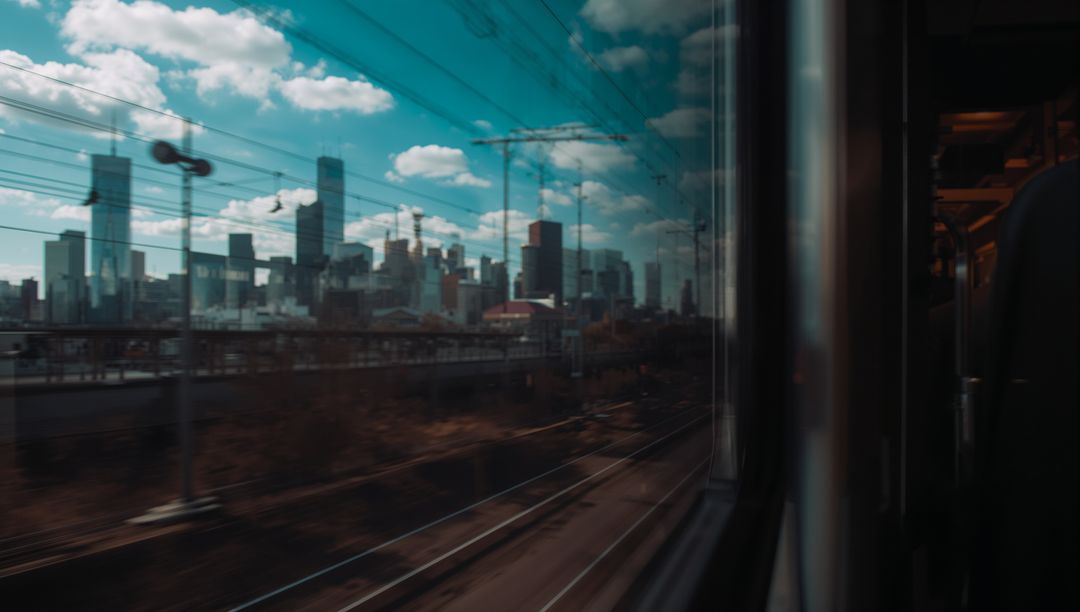 Urban skyline passing by through train window with motion blur and passenger reflection