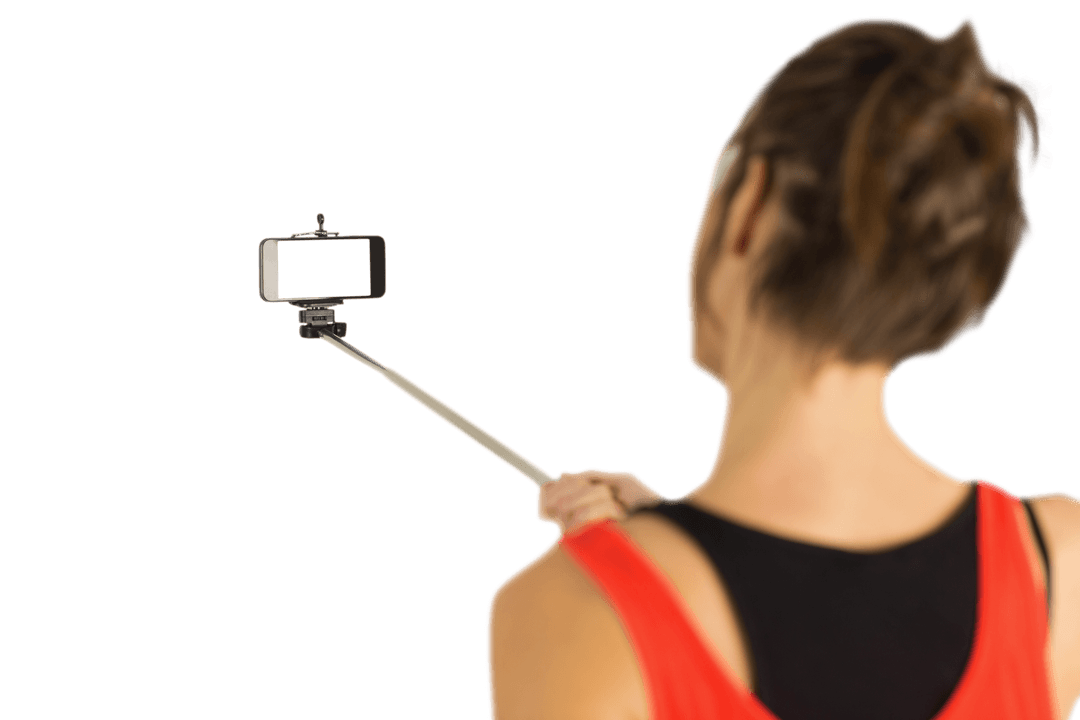 Casual Brunette Using Selfie Stick with Transparent Background