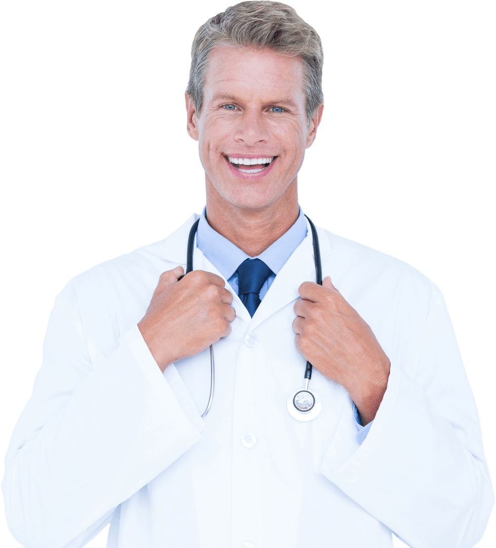 Smiling Male Doctor in Lab Coat with Stethoscope Transparent Background