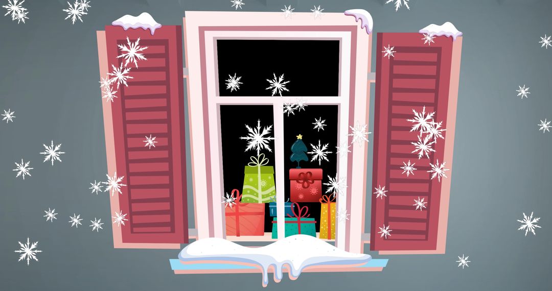 Snowfall Through Window with Christmas Presents Display