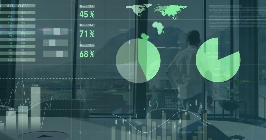 Businessman Analyzing Skyline from Office with Digital Financial Charts
