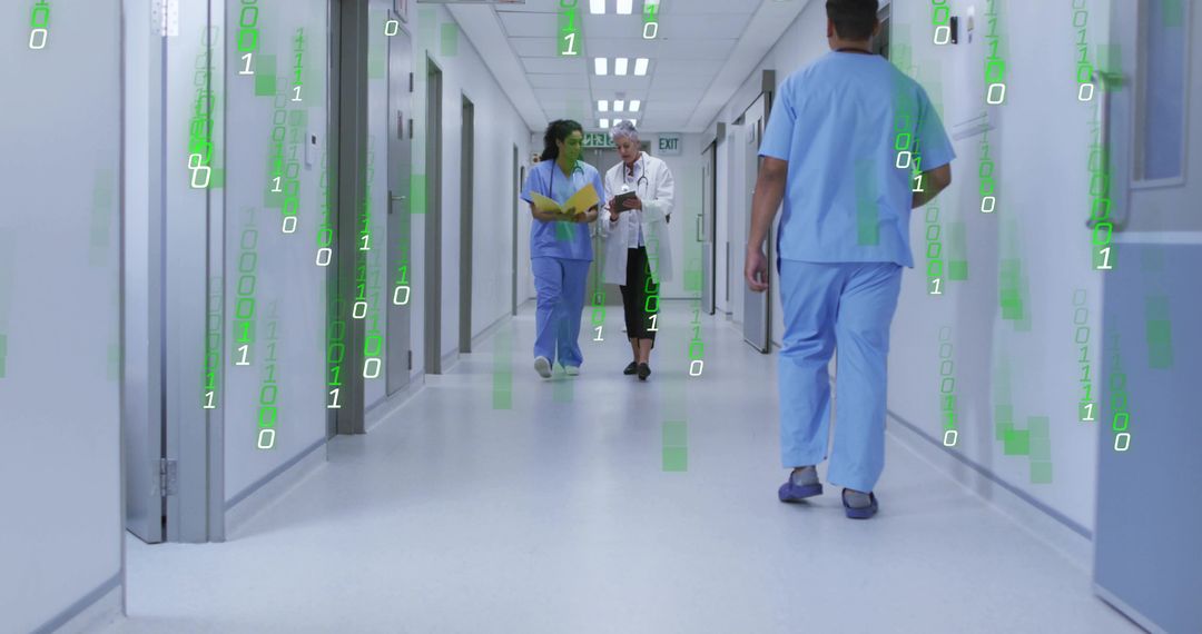 Healthcare team walking hospital corridor with digital data overlay and tablet