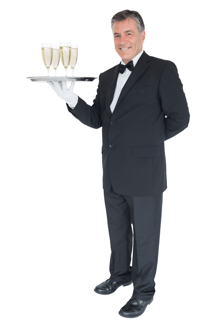 Smiling Waiter Holding Tray of Champagne in Tuxedo on Transparent Background