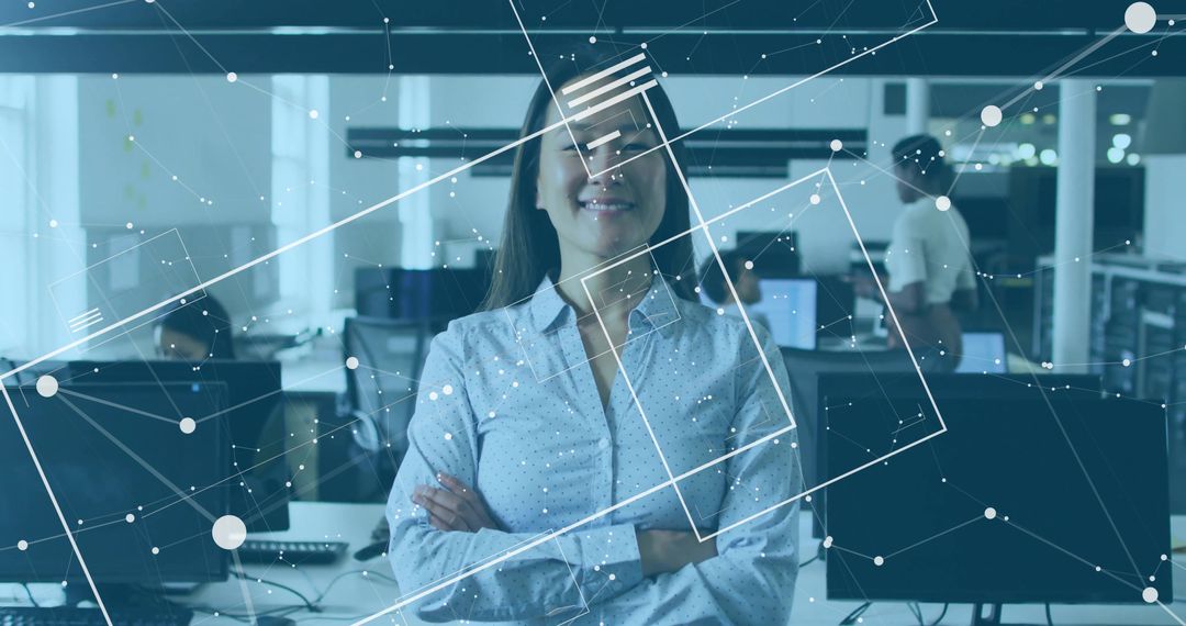 Confident Businesswoman with Technological Network Overlay in Office