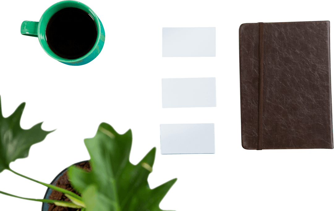 Transparent Office Desk with Business Cards and Coffee