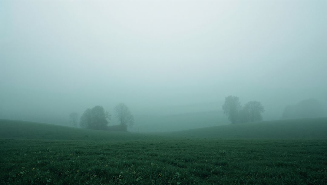 Misty Dawn Over Rolling Hills and Dewy Grass Landscape
