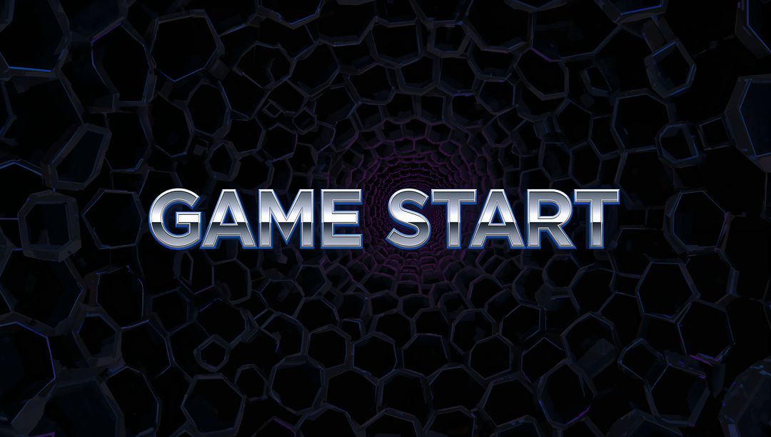 Futuristic Game Start Text in Hexagonal Digital Tunnel
