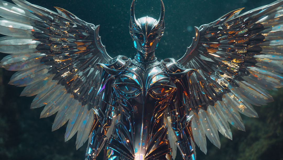 Futuristic Winged Armor Figure in Mysterious Forest