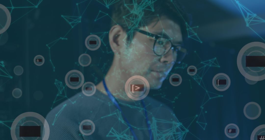 Tech Professional Surrounded by Digital Connections