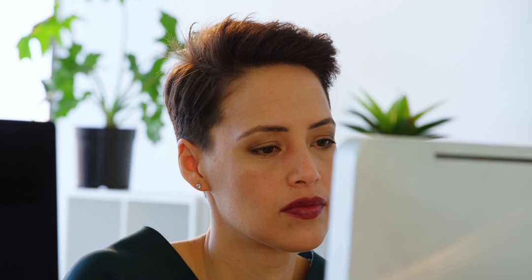 Businesswoman Focused at Computer Desk in Modern Office Setting