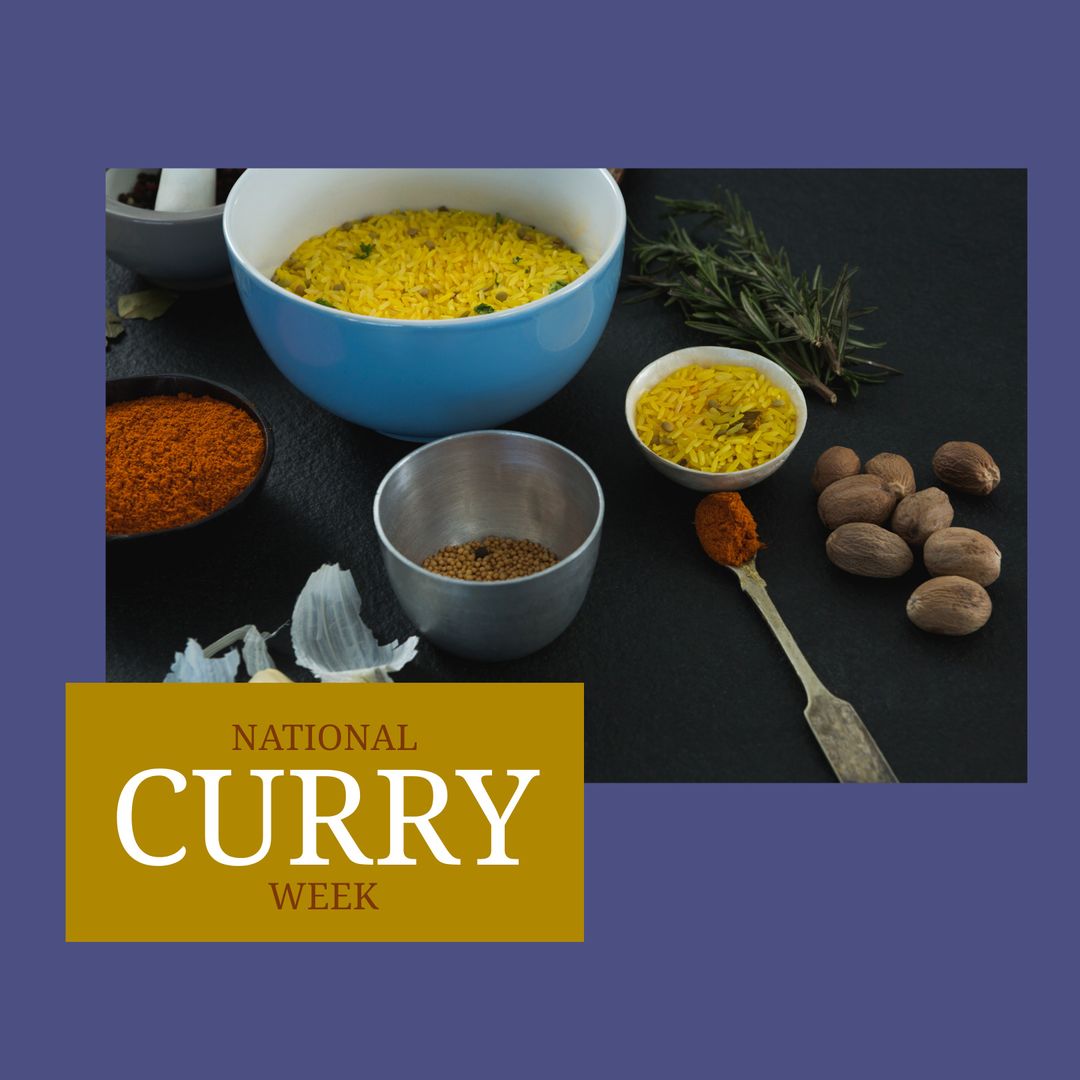 Celebration of National Curry Week with Spices and Bowls on Dark Background