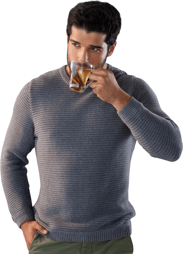 Confident Young Man Drinking Lemon Tea with Transparent Background