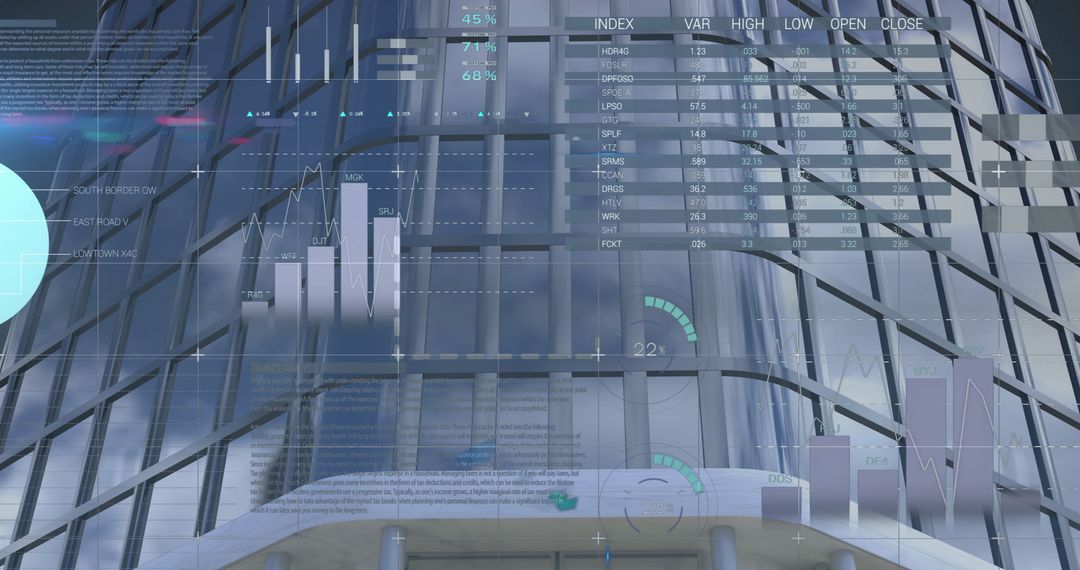 Financial Data Overlay on Modern Skyscraper Reflecting Technology