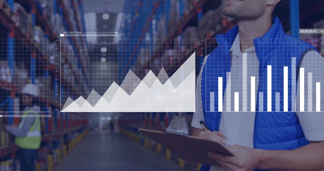 Warehouse Worker Analyzing Inventory Data in Logistics Center