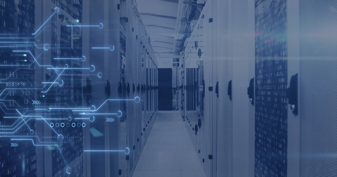 Advanced Server Room Technology with Digital Circuit Overlay