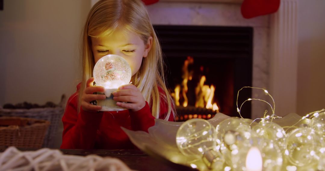 Caucasian Girl Admires Snow Globe by Cozy Fireplace - Free Images, Stock Photos and Pictures on Pikwizard.com