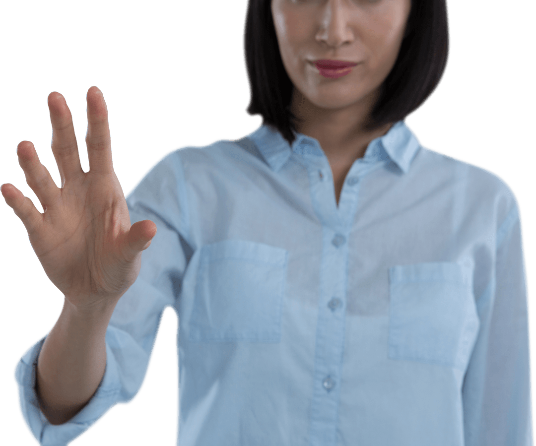 Woman Engaging with Transparent Touchscreen Interface Technology