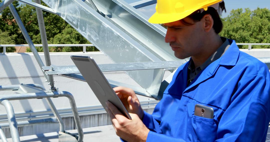 Engineer in Hard Hat and Blue Overalls Using Tablet Outdoors - Free Images, Stock Photos and Pictures on Pikwizard.com