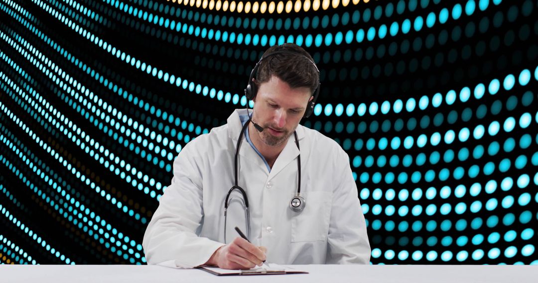 Doctor in Headset Writing on Clipboard with Matrix Background
