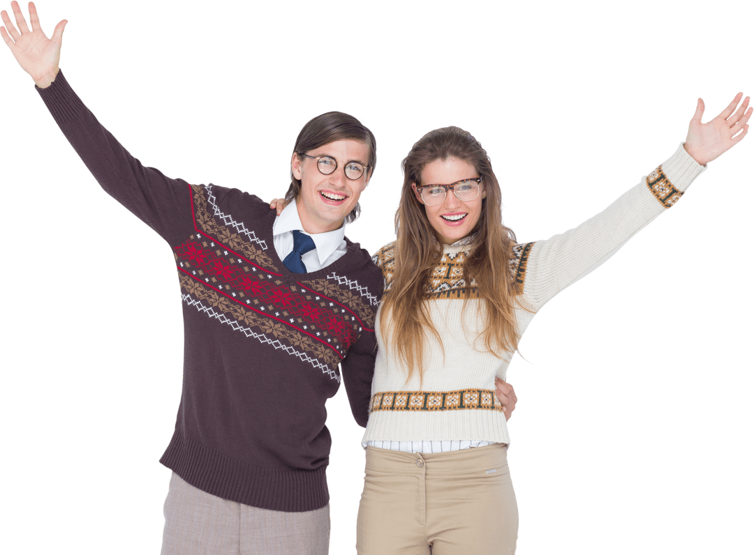 Transparent Banner of Joyful Hipster Couple in Casual Wear
