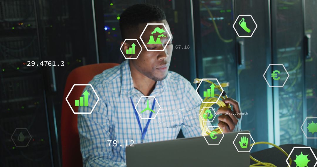 African American Engineer Analyzing Network in Server Room