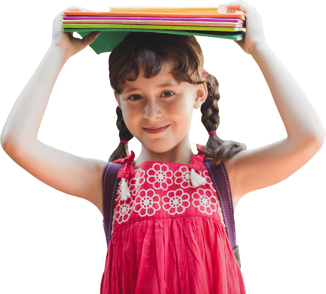 Cheerful Girl Holding Books on Head with Transparent Design