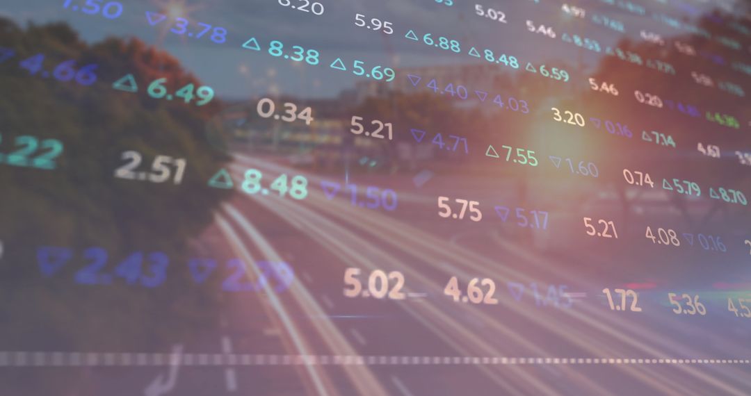Financial Statistics Overlaid on Highway Traffic at Dusk