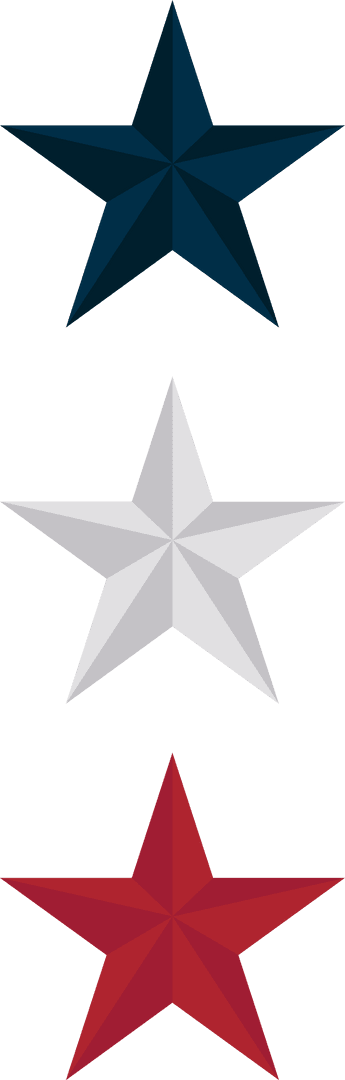 Three Stylized 3D Stars Rendered on Transparent Background