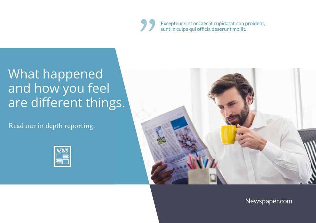 Man Reading Newspaper and Holding Coffee Cup Promoting In-Depth Journalism