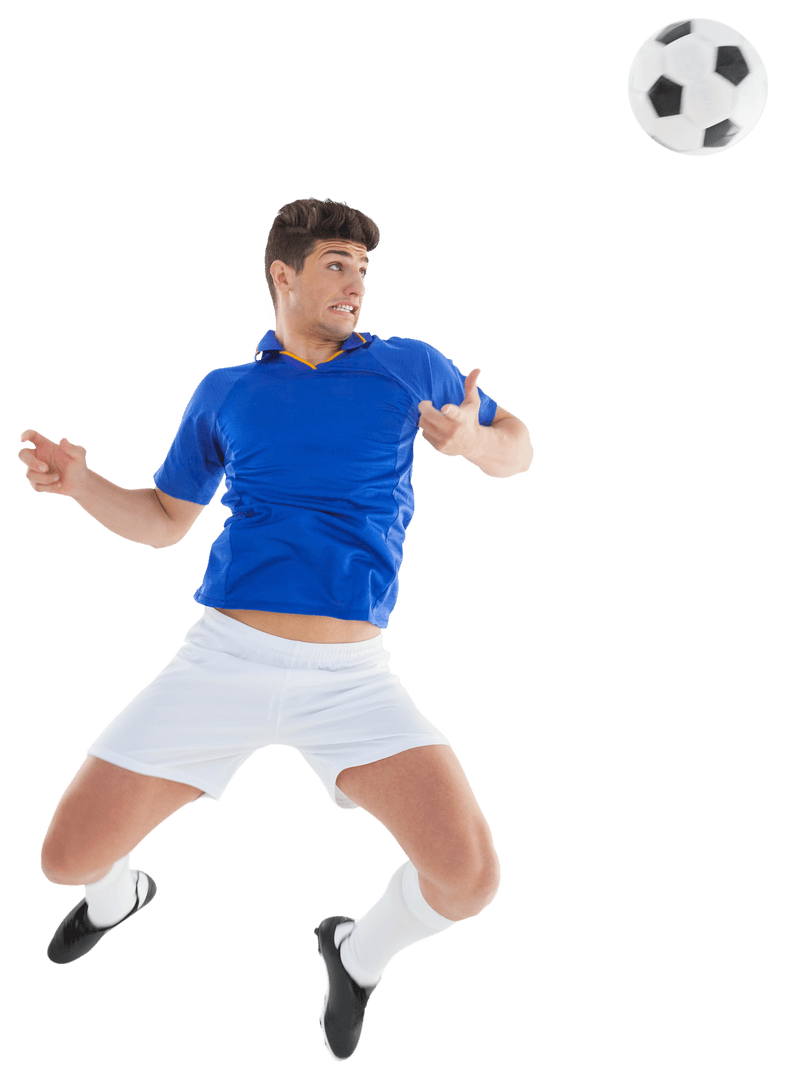 Athletic Footballer Jumping to Head Ball on Transparent Background