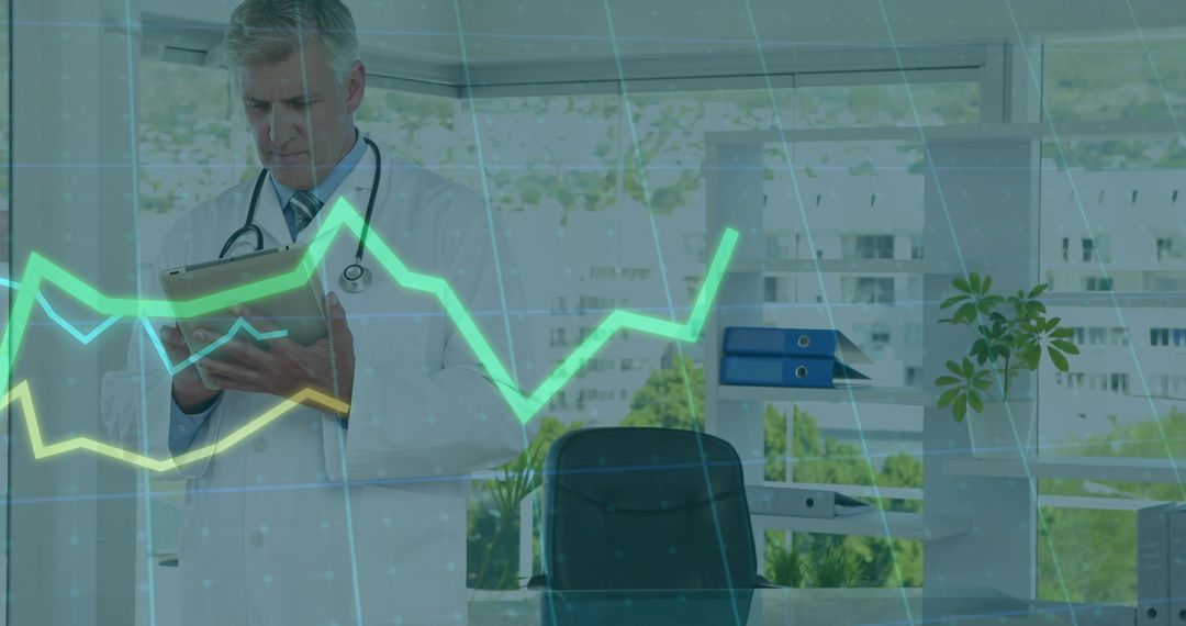 Senior Doctor Analyzing Digital Data on Tablet in Modern Office