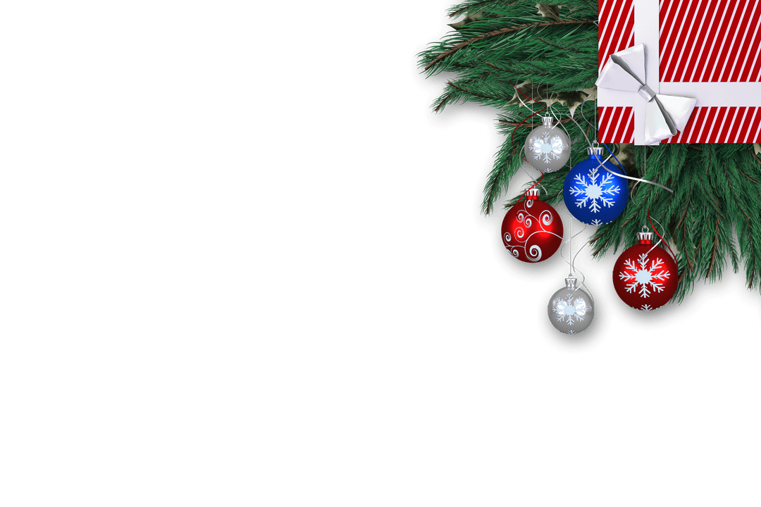 Transparent Festive Fir Wreath with Present and Colorful Baubles