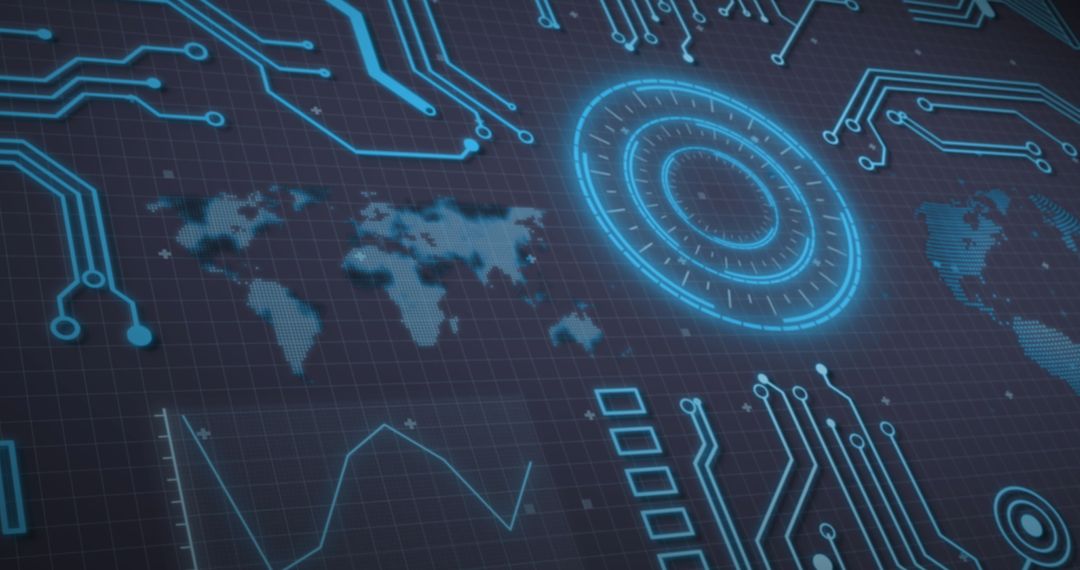 High-Tech Interface with Neon Scanner and World Map