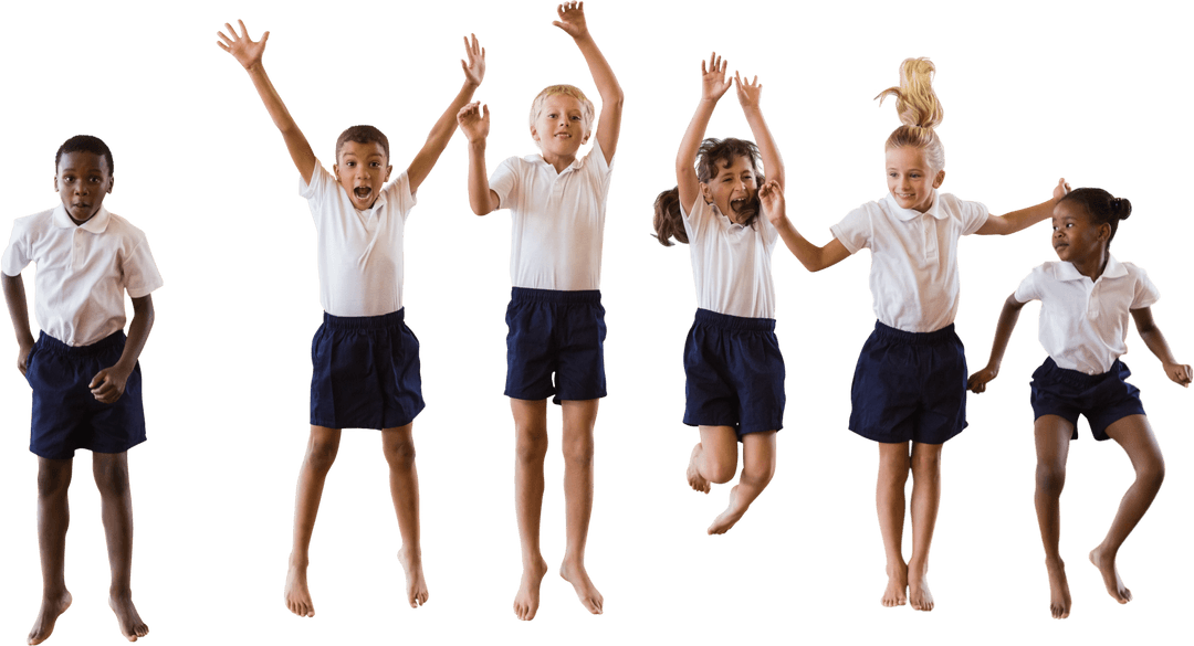 Transparent Group of Schoolchildren Jumping in Uniforms