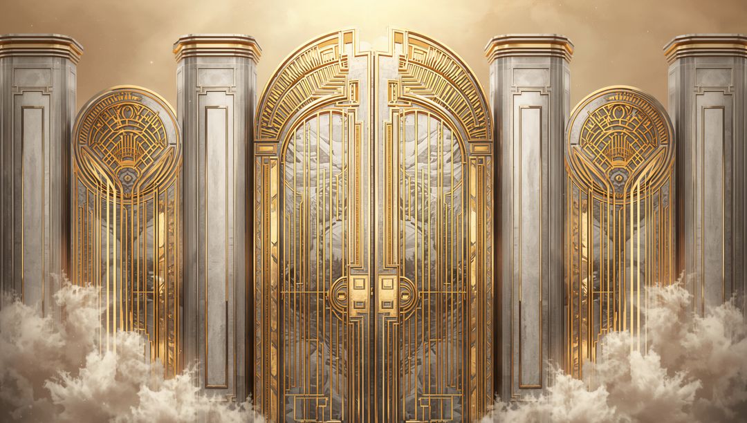 Opulent Golden Doors with Marble Pillars in Majestic Setting